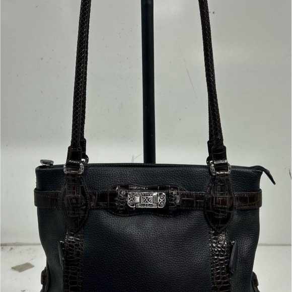 Brighton Elegant Black Leather classic Tote Bag, Embossed trim, Silver Hardware - Picture 1 of 5